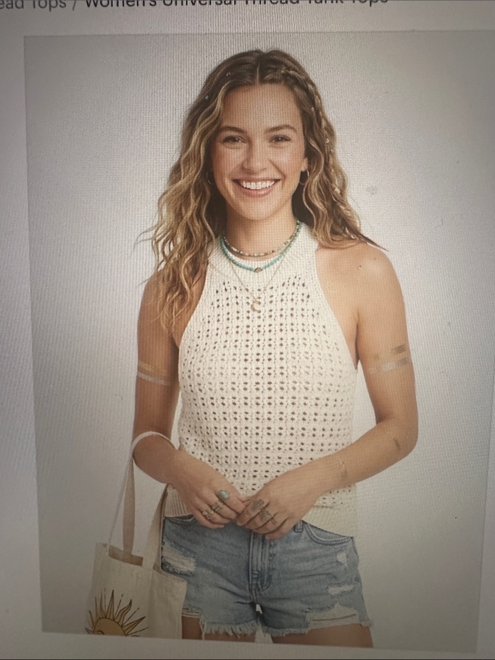 Women’s Crochet Open Knit Halter Tank Top in Cream, size Large